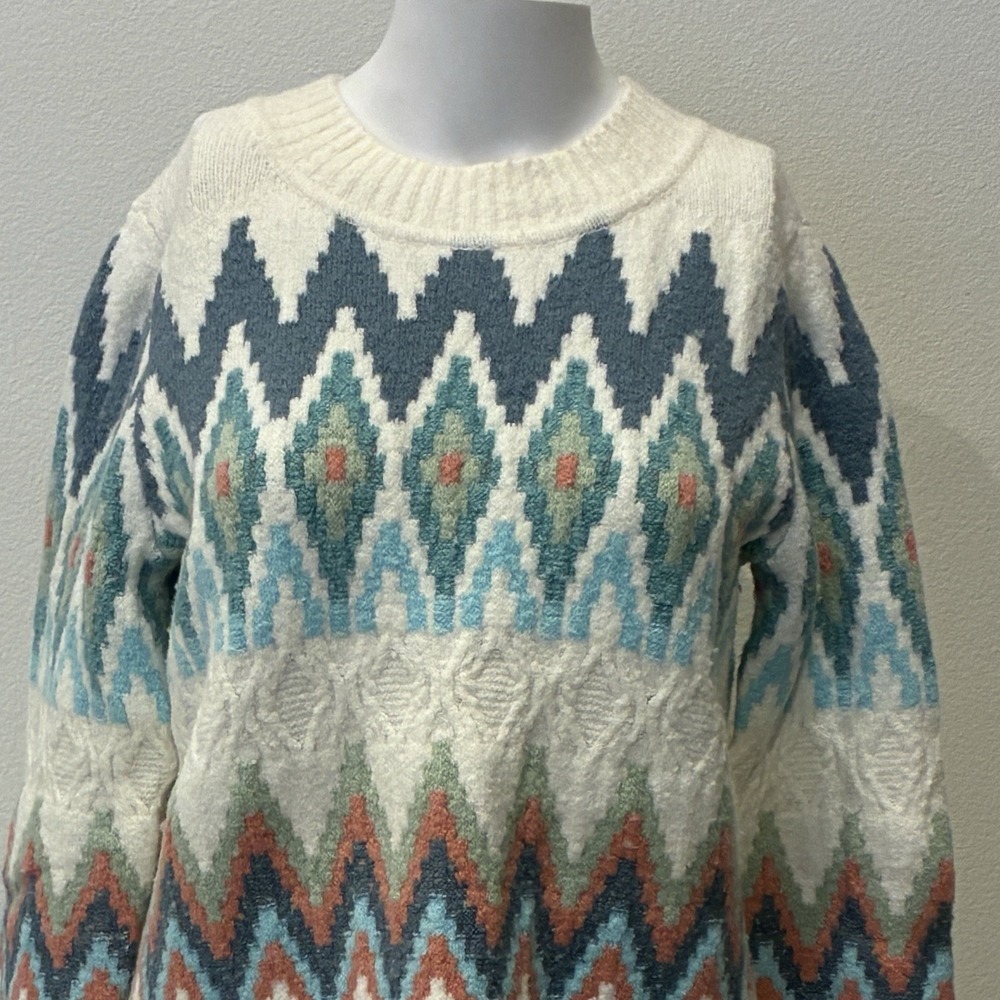 Talbots Petites Zig Zag Fair Isle Wool Blend Chunky‎ Sweater Size S Ivory Preppy